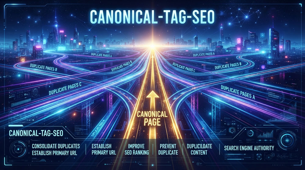 Ilustrasi canonical tag SEO untuk menentukan URL utama