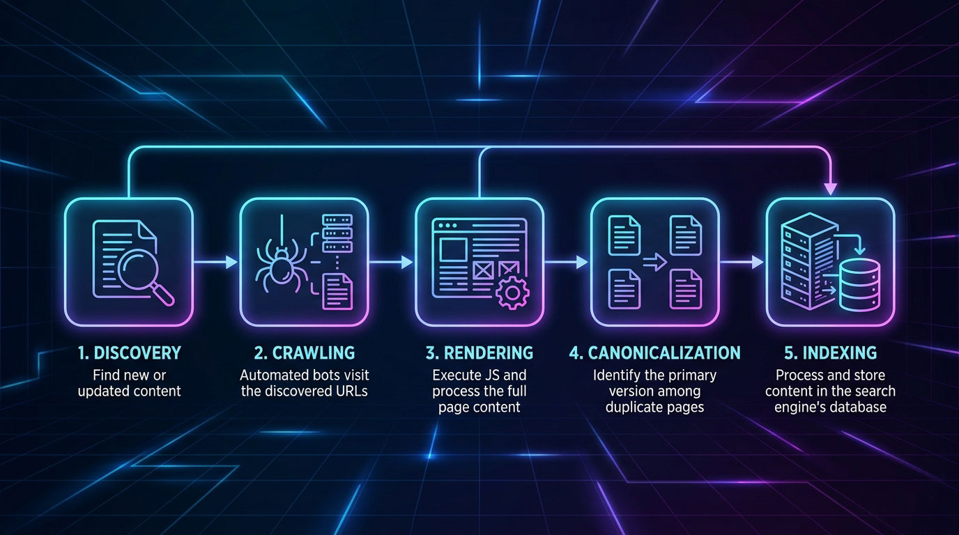 Diagram alur discovery, crawling, rendering, canonicalization, dan indexing