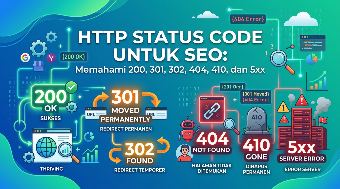 Ilustrasi HTTP status code untuk SEO mencakup 200, 301, 302, 404, 410, dan 5xx