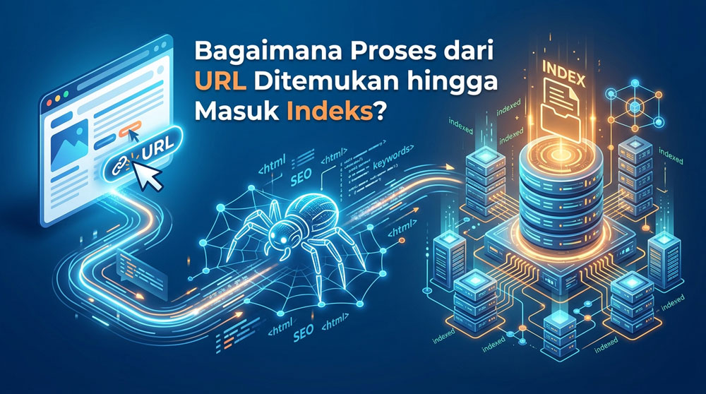 Ilustrasi proses URL ditemukan, dirayapi crawler, dan masuk ke indeks mesin pencari