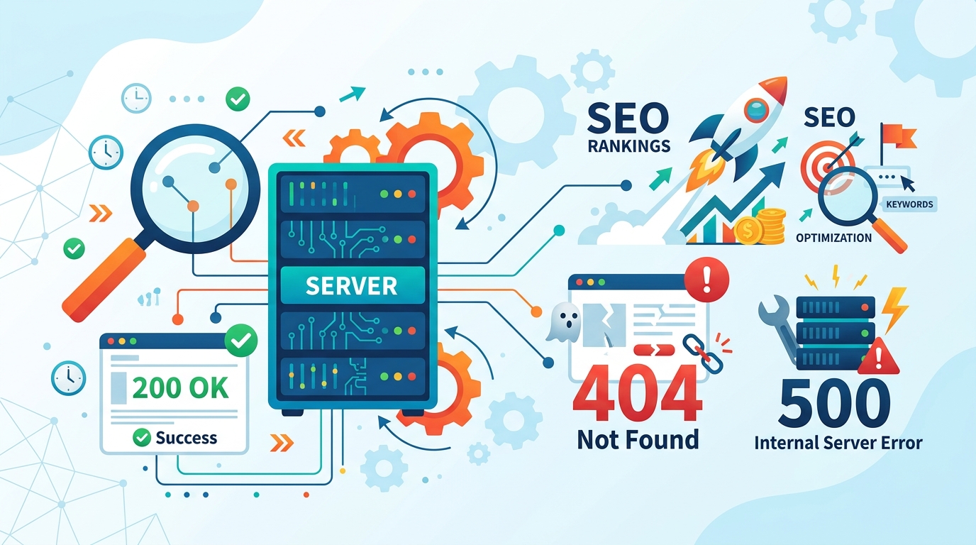 Ilustrasi hubungan server, HTTP 200, 404, 500, dan dampaknya terhadap SEO
