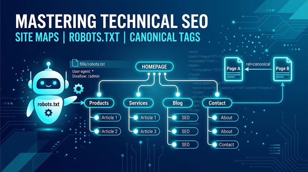 Ilustrasi sitemap, robots.txt, dan canonical tag dalam technical SEO