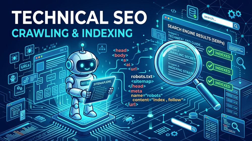 Ilustrasi technical SEO untuk proses crawling dan indexing website